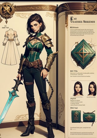 The concept character sheet of a strong, attractive, and resolute Witch Hunter, Her studded leather armor is worn but well-maintained, decorated with sacred symbols of the god Sigmar, talismans and faith relics. She holds a long, rune-engraved sword in one hand and a three-chained flail in the other. Hanging from her belt are scrolls and vials containing mysterious substances,, full body,  Full of details, frontal body view, back body view, Highly detailed, Depth, Many parts,((Masterpiece, Highest quality)), 8k, Detailed face (sleek shoulder cut hair) (dark hair) (green eyes), Infographic drawing. Multiple sexy poses. tattoos,3d,SAM YANG,incase