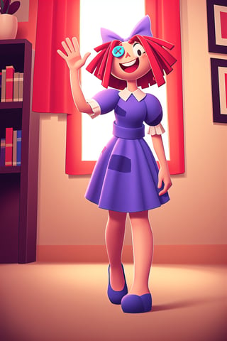 masterpiece, best quality, 1girl, Ragatha, Red Hair, Bow, Dress, Button Eye, happy, waving, standing, circus, indoors, perfect lighting, full body, mid shot
