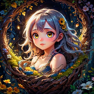 a cute korean large-eyed girl, slender and small face, slight smile, bangs, long wavi hair, fairytale Realistic digital art, manga style, dark atmosphere texture, oil ink and wash painting, tiny creature with huge yellow eyes nestled in a beautiful flowered nest, surrounded by silver crystals. Imagine vibrant colors, magical flora, and ethereal lighting to bring the scene to life. Request meticulous attention to detail, ensuring the creature blends seamlessly with its fantastical surroundings, creating a whimsical and captivating image, octane rendering, ray tracing, 3d rendering, surrealistic and fantastic dreamy landscapes, provocative pose, dynamic pose, beautiful legs, sfumato, surrealism, cinematic, masterpiece, combines fantasy and reality, fairytale elements, smooth, Strong and contrasting colors, vivid colors, rich colors, combination of various colors and shades, highly details, best Quality, Tyndall effect, good composition, free composition, spatial effects, lively and deep art, warm soft light, three-dimensional lighting, volume lighting, back lighting hair, Film light, dynamic lighting
