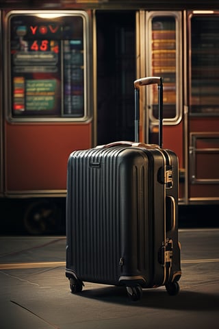 RAW natural photo OF travel trolley suitcase, futurist style, realistic, no friendly, ((full body)), sharp focus, depth of field, shoot, ,side shot, side shot, ultra hd, realistic, vivid colors, highly detailed, perfect composition, 8k artistic photography, photorealistic concept art, soft natural volumetric cinematic perfect light, black background studio, ADVERTISING SHOT
,Juno Temple