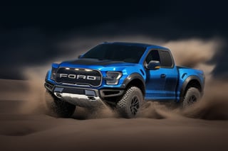 3 ford raptor big jumping in a dunes, high detail ford raptor dark blue, natural photography, dramatic light, advertising shooting, 4k, high resolution, realistic photography, middle day, sharpen more, truck lights are  turn on, perfect details of the car, aereal shoot, 120 mph
