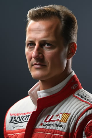RAW natural photo OF michael schumacher, slim body, realisct, no friendly, ((full body)), sharp focus, depth of field, shoot, ,side shot, side shot, ultra hd, realistic, vivid colors, highly detailed, perfect composition, 8k artistic photography, photorealistic concept art, soft natural volumetric cinematic perfect light, black background studio, ,OHWX, ,OHWX WOMEN 