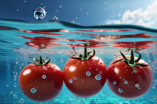 RAW natural photo of red tomatoes underwater, submerging in to the water, submarine shot, with air bubbles, side shot, side shot, ultra hd, realistic, vivid colors, highly detailed, perfect composition, beautiful detailed intricate insanely detailed octane render trending on artstation, 8k artistic photography, photorealistic concept art, soft natural volumetric cinematic perfect light