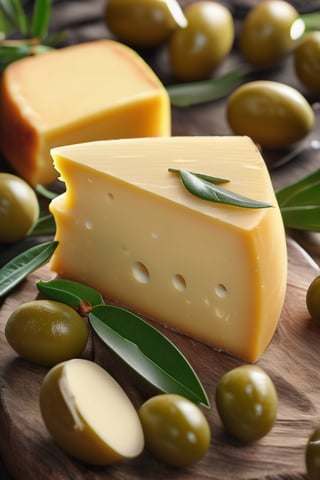 RAW natural photo peace of gruyere cheese, masterpiece, side shot, side shot, ultra hd, realistic, olives, leaves of olive, vivid colors, highly detailed, perfect composition, beautiful, almounds, detailed intricate insanely detailed octane render trending on artstation, 8k artistic photography, photorealistic concept art, soft natural volumetric cinematic perfect light