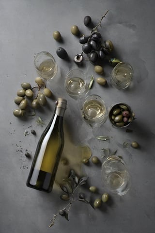  chesse and wine, bottles, glasses, foodstyling, minimal style location, OLIVES, CONCRET DARK GREY BACKGROUND, SERVED SQUIRT WINE BOTTLE
