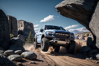 3 ford raptor big jumping in rocks, high detail ford raptor dark blue, natural photography, dramatic light, advertising shooting, 4k, high resolution, realistic photography, 13hs, sharpen more, truck lights are turn on, perfect details of the car, aereal shoot, 120 mph, alpha channel, more landscape, zoom out
