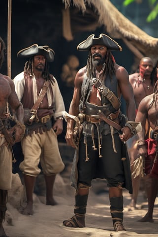 RAW natural photo of CARIBEAN PIRATES realistic, no muscles, slim body, realisct, no friendly, ((full body)), sharp focus, depth of field, shoot, ,side shot, side shot, ultra hd, realistic, vivid colors, highly detailed, perfect composition, 8k artistic photography, photorealistic concept art, soft natural volumetric cinematic perfect light, black background studio,