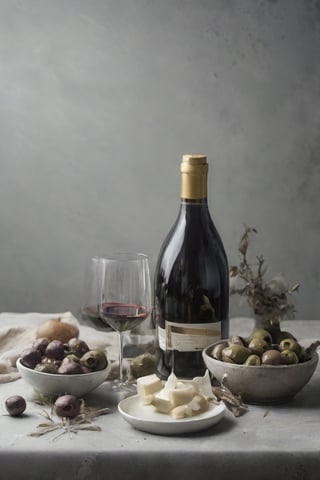  chesse and wine, bottles, glasses, foodstyling, minimal style location, OLIVES, CONCRET DARK GREY BACKGROUND, SERVED SQUIRT WINE , CENITAL SHOOT BOTTLE, MUSHROOMS

