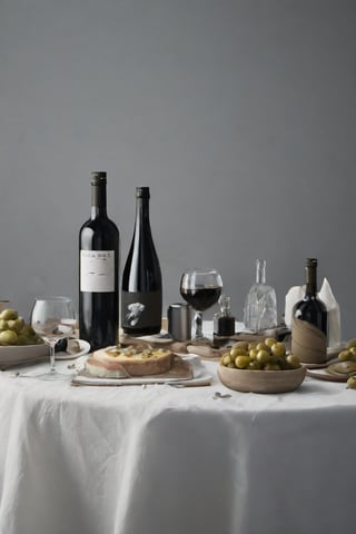  chesse and wines, bottles, glasses, foodstyling, minimal style location, OLIVES, DARK GREY BACKGROUND, JAM, SERVED SQUIERT WINE BOTTLE

