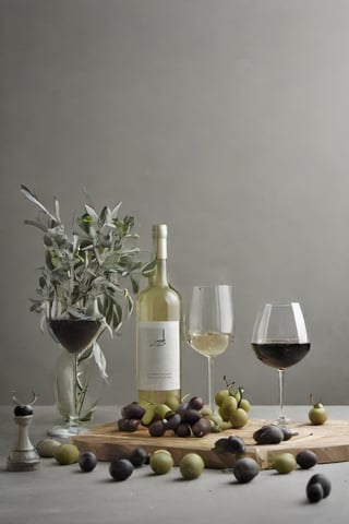  chesse and wines, bottles, glasses, foodstyling, minimal style location, OLIVES, GREY BACKGROUND