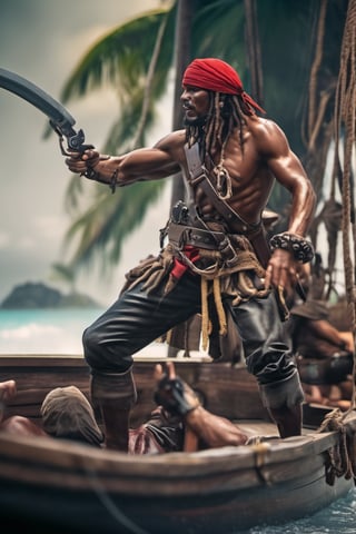 RAW natural photo of CARIBEAN PIRATES FIGHTING realistic, no muscles, slim body, realisct, no friendly, ((full body)), sharp focus, depth of field, shoot, ,side shot, side shot, ultra hd, realistic, vivid colors, highly detailed, perfect composition, 8k artistic photography, photorealistic concept art, soft natural volumetric cinematic perfect light, black background studio,