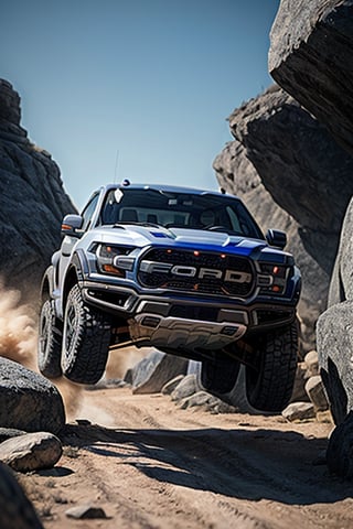 3 ford raptor big jumping in rocks, high detail ford raptor dark blue, natural photography, dramatic light, advertising shooting, 4k, high resolution, realistic photography, 13hs, sharpen more, truck lights are turn on, perfect details of the car, aereal shoot, 120 mph, alpha channel