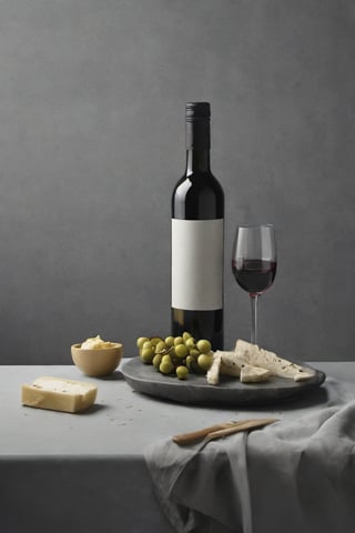  chesse and wines, bottles, glasses, foodstyling, minimal style location, OLIVES, CONCRET DARK GREY BACKGROUND, JAM, SERVED SQUIERT WINE BOTTLE
