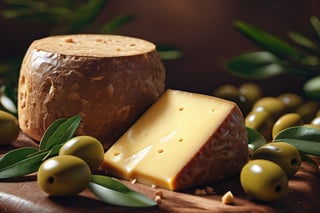 RAW natural photo peace of gruyere cheese, masterpiece, side shot, side shot, ultra hd, realistic, olives, leaves of olive, vivid colors, highly detailed, perfect composition, beautiful, almounds, detailed intricate insanely detailed octane render trending on artstation, 8k artistic photography, photorealistic concept art, soft natural volumetric cinematic perfect light