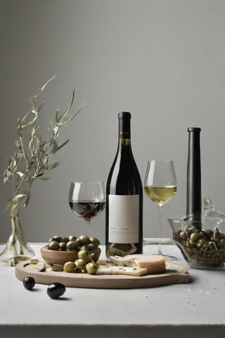  chesse and wines, bottles, glasses, foodstyling, minimal style location, OLIVES