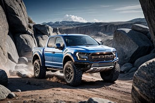 3 ford raptor big jumping in rocks, high detail ford raptor dark blue, natural photography, dramatic light, advertising shooting, 4k, high resolution, realistic photography, 13hs, sharpen more, truck lights are turn on, perfect details of the car, aereal shoot, 120 mph, alpha channel, more landscape
