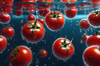 RAW natural photo of red tomatoes, Tomatoes submerging in to the water, submarine shot, with air bubbles, side shot, side shot, ultra hd, realistic, vivid colors, highly detailed, perfect composition, beautiful detailed intricate insanely detailed octane render trending on artstation, 8k artistic photography, photorealistic concept art, soft natural volumetric cinematic perfect light