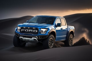 ford raptor big jumping in dunes, high detail ford raptor dark blue, natural photography, dramatic light, advertising shooting, 4k, high resolution, realistic photography, sunset orange, sharpen more, truck lights turn on, perfect details of the car, aereal view