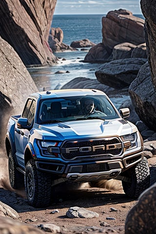 3 ford raptor big jumping in rocks, high detail ford raptor dark blue, natural photography, dramatic light, advertising shooting, 4k, high resolution, realistic photography, 13hs, sharpen more, truck lights are turn on, perfect details of the car, aereal shoot, 120 mph, alpha channel