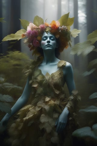 cinematic film still (Raw Photo:1.3) of (Ultrarealistic:1.3) an awarded profesional photo of Leafwhisper - A gentle, forest spirit with leaves and flowers growing from its body., ideal body posture,perfect body proportions, by jeremy mann, by sandra chevrier, by maciej kuciara,(masterpiece:1.2),(ultradetailed:1.1), ultrasharp, (perfect, body:1.1),(realistic:1.3),(real shadow:1.2), photo Fujifilm XT3,,(perfect body proportions:1.1) different posture, up arms, ((arms up)), rainbow,  in old used 1800 peasant clothing, crazy mad aggressive face and eyes, fantasy, concept art,NYFlowerGirl