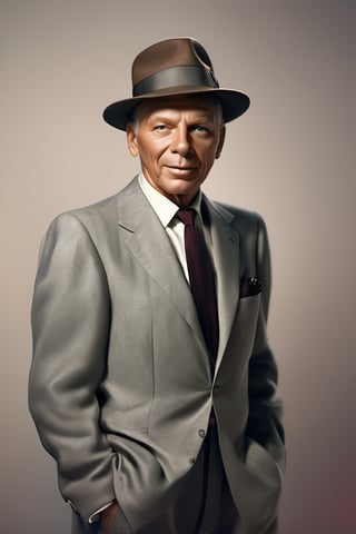 RAW natural photo PORTRAIT of FRANK SINATRA realistic, no muscles, slim body, realisct, no friendly, ((full body)), sharp focus, depth of field, shoot, ,side shot, side shot, ultra hd, realistic, vivid colors, highly detailed, perfect composition, 8k artistic photography, photorealistic concept art, soft natural volumetric cinematic perfect light, black background studio,