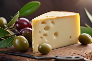RAW natural photo peace of gruyere cheese, masterpiece, side shot, side shot, ultra hd, realistic, olives, leaves of olive, vivid colors, highly detailed, perfect composition, beautiful detailed intricate insanely detailed octane render trending on artstation, 8k artistic photography, photorealistic concept art, soft natural volumetric cinematic perfect light