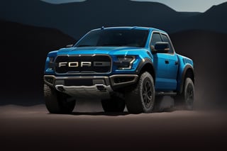 3 ford raptor  in great canyon, high detail ford raptor dark blue, natural photography, dramatic light, advertising shooting, 4k, high resolution, realistic photography, sharpen more, truck lights are  turn on, perfect details of the car, aereal shoot, 
