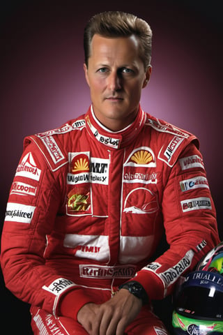 RAW natural photo OF michael schumacher, slim body, realisct, no friendly, ((full body)), sharp focus, depth of field, shoot, ,side shot, side shot, ultra hd, realistic, vivid colors, highly detailed, perfect composition, 8k artistic photography, photorealistic concept art, soft natural volumetric cinematic perfect light, black background studio, ,OHWX, ,OHWX WOMEN 