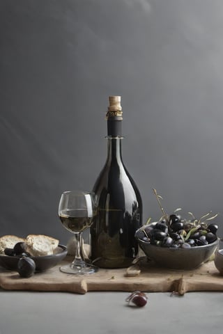  chesse and wines, bottles, glasses, foodstyling, minimal style location, OLIVES, DARK GREY BACKGROUND, JAM, SERVED SQUIERT WINE BOTTLE
