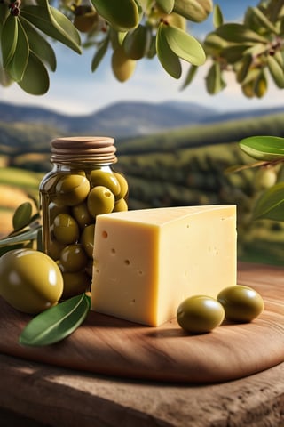 RAW natural photo peace of gruyere cheese, masterpiece, side shot, oiled, side shot, ultra hd, realistic, olives, leaves of olive, vivid colors, highly detailed, perfect composition, beautiful, almounds, detailed intricate insanely detailed octane render trending on artstation, 8k artistic photography, photorealistic concept art, soft natural volumetric cinematic perfect light