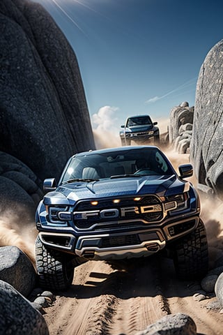 3 ford raptor big jumping in rocks, high detail ford raptor dark blue, natural photography, dramatic light, advertising shooting, 4k, high resolution, realistic photography, 13hs, sharpen more, truck lights are turn on, perfect details of the car, aereal shoot, 120 mph, alpha channel