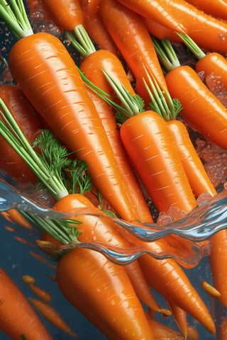 RAW natural photo of fresh carrots, submerging in to the water, submarine shot, with air bubbles, side shot, side shot, ultra hd, realistic, vivid colors, highly detailed, perfect composition, beautiful detailed intricate insanely detailed octane render trending on artstation, 8k artistic photography, photorealistic concept art, soft natural volumetric cinematic perfect light