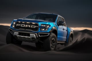 ford raptor big jumping, dunes, high detail ford raptor dark blue, natural photography, dramatic light, advertising shooting, 4k, high resolution, lens 400mm 2.8f, big lake, realistic photography, sunset orange, sharpen more, trucklights turn on, perfect details of the car