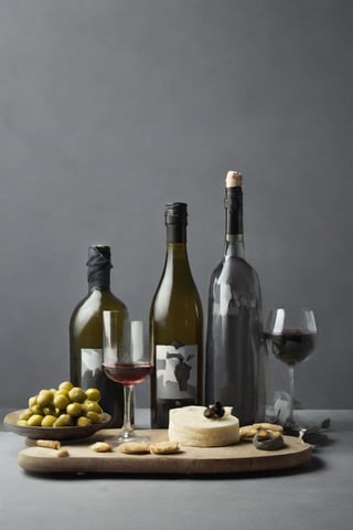  chesse and wines, bottles, glasses, foodstyling, minimal style location, OLIVES, DARK GREY BACKGROUND