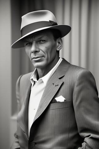 RAW natural photo PORTRAIT of FRANK SINATRA realistic, no muscles, slim body, realisct, no friendly, ((full body)), sharp focus, depth of field, shoot, ,side shot, side shot, ultra hd, realistic, vivid colors, highly detailed, perfect composition, 8k artistic photography, photorealistic concept art, soft natural volumetric cinematic perfect light, black background studio,
