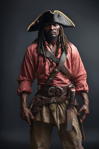 RAW natural photo PORTRAIT of CARIBEAN PIRATES  realistic, no muscles, slim body, realisct, no friendly, ((full body)), sharp focus, depth of field, shoot, ,side shot, side shot, ultra hd, realistic, vivid colors, highly detailed, perfect composition, 8k artistic photography, photorealistic concept art, soft natural volumetric cinematic perfect light, black background studio,