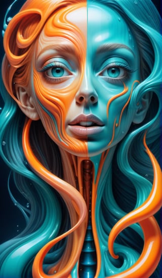 Raw, art illustration, hyperrealistic, style of Alex Grey, (teal and orange), beautiful woman, full body, long hair, breasts,  regatta, full-body side woman, saturated colors, psychedelic image, LSD, fractal, tattoo, painted body, bride, body tilted forward, lots of color saturation, intricated line, woman, vortex, ultra realistic, melting, swirl, xolorful, pastel color,  Leonardo Style,greg rutkowski,Magical Fantasy style,vector art illustration,chibi,cyborg style dildos rain, dildos, vagina, niples, ((view back model)), see the tongue