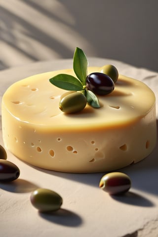 RAW natural photo big peace of gruyere cheese, masterpiece, side shot, oiled, side shot, ultra hd, realistic, olives, leaves of olive, vivid colors, highly detailed, perfect composition, beautiful, almounds, detailed intricate insanely detailed octane render trending on artstation, 8k artistic photography, photorealistic concept art, soft natural volumetric cinematic perfect light