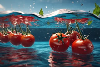 RAW natural photo of red tomatoes, submerging in to the water, submarine shot, with air bubbles, side shot, side shot, ultra hd, realistic, vivid colors, highly detailed, perfect composition, beautiful detailed intricate insanely detailed octane render trending on artstation, 8k artistic photography, photorealistic concept art, soft natural volumetric cinematic perfect light