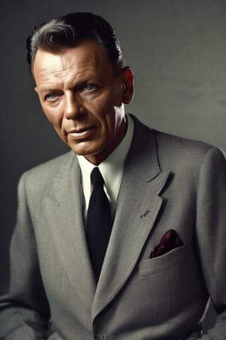 RAW natural photo PORTRAIT of FRANK SINATRA realistic, no muscles, slim body, realisct, no friendly, ((full body)), sharp focus, depth of field, shoot, ,side shot, side shot, ultra hd, realistic, vivid colors, highly detailed, perfect composition, 8k artistic photography, photorealistic concept art, soft natural volumetric cinematic perfect light, black background studio,