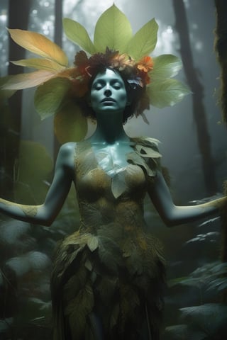 cinematic film still (Raw Photo:1.3) of (Ultrarealistic:1.3) an awarded profesional photo of Leafwhisper - A gentle, forest spirit with leaves and flowers growing from its body., ideal body posture,perfect body proportions, by jeremy mann, by sandra chevrier, by maciej kuciara,(masterpiece:1.2),(ultradetailed:1.1), ultrasharp, (perfect, body:1.1),(realistic:1.3),(real shadow:1.2), photo Fujifilm XT3,,(perfect body proportions:1.1) different posture, up arms, ((arms up)), rainbow,  in old used 1800 peasant clothing, crazy mad aggressive face and eyes, fantasy, concept art,NYFlowerGirl, arms up, tropical rain, 