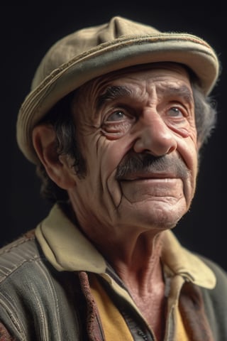 RAW natural photo PORTRAIT of DON RAMON , CHESPIRITO, EL CHAVO DEL 8 realistic, no muscles, slim body, realisct, no friendly, ((full body)), sharp focus, depth of field, shoot, ,side shot, side shot, ultra hd, realistic, vivid colors, highly detailed, perfect composition, 8k artistic photography, photorealistic concept art, soft natural volumetric cinematic perfect light, black background studio,