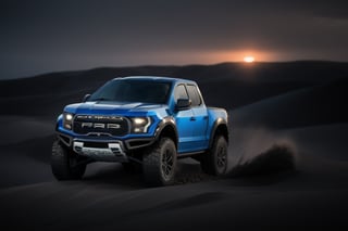 ford raptor big jumping, dunes, high detail ford raptor dark blue, natural photography, dramatic light, advertising shooting, 4k, high resolution, lens 400mm 2.8f, big lake, realistic photography, sunset orange, sharpen more, truck lights turn on, perfect details of the car, aereal view