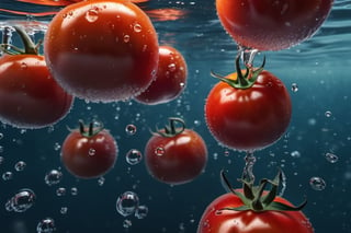 RAW natural photo of red tomatoes, submerging in to the water, submarine shot, with air bubbles, side shot, side shot, ultra hd, realistic, vivid colors, highly detailed, perfect composition, beautiful detailed intricate insanely detailed octane render trending on artstation, 8k artistic photography, photorealistic concept art, soft natural volumetric cinematic perfect light