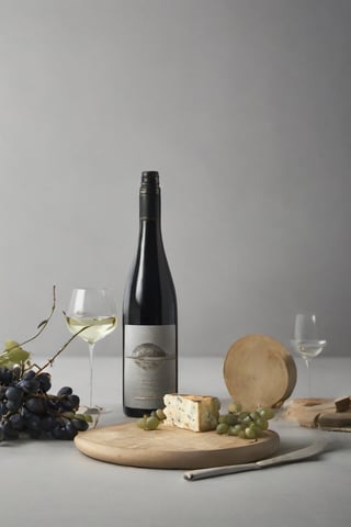  chesse and wines, bottles, glasses, foodstyling, minimal style location, 