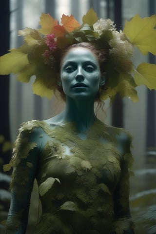 cinematic film still (Raw Photo:1.3) of (Ultrarealistic:1.3) an awarded profesional photo of Leafwhisper - A gentle, forest spirit with leaves and flowers growing from its body., ideal body posture,perfect body proportions, by jeremy mann, by sandra chevrier, by maciej kuciara,(masterpiece:1.2),(ultradetailed:1.1), ultrasharp, (perfect, body:1.1),(realistic:1.3),(real shadow:1.2), photo Fujifilm XT3,,(perfect body proportions:1.1) different posture, up arms, ((arms up)), rainbow,  in old used 1800 peasant clothing, crazy mad aggressive face and eyes, fantasy, concept art,NYFlowerGirl, arms up, tropical rain, 