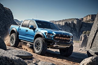 3 ford raptor big jumping in rocks, high detail ford raptor dark blue, natural photography, dramatic light, advertising shooting, 4k, high resolution, realistic photography, 13hs, sharpen more, truck lights are turn on, perfect details of the car, aereal shoot, 120 mph, alpha channel, more landscape, zoom out
