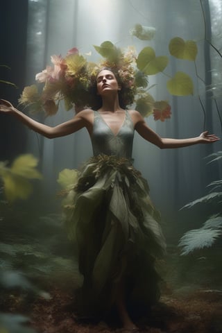 cinematic film still (Raw Photo:1.3) of (Ultrarealistic:1.3) an awarded profesional photo of Leafwhisper - A gentle, forest spirit with leaves and flowers growing from its body., ideal body posture,perfect body proportions, by jeremy mann, by sandra chevrier, by maciej kuciara,(masterpiece:1.2),(ultradetailed:1.1), ultrasharp, (perfect, body:1.1),(realistic:1.3),(real shadow:1.2), photo Fujifilm XT3,,(perfect body proportions:1.1) different posture, up arms, ((arms up)), rainbow,  in old used 1800 peasant clothing, crazy mad aggressive face and eyes, fantasy, concept art,NYFlowerGirl, arms up, tropical rain, jump up, full body, hands touch softly you face, close up