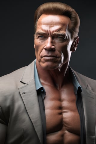 RAW natural photo PORTRAIT of Arnold Schwarzenegger realistic, no muscles, slim body, realisct, no friendly, ((full body)), sharp focus, depth of field, shoot, ,side shot, side shot, ultra hd, realistic, vivid colors, highly detailed, perfect composition, 8k artistic photography, photorealistic concept art, soft natural volumetric cinematic perfect light, black background studio,