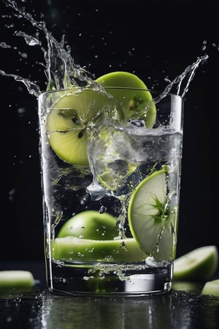 RAW natural photo Of movingt glass of dry gin tonic splash, zoom out to the glass, scratch ice, 
two slices of fresh green apple , only one light cenital chimera, day advertising shooting (((infinite black  background))) , realistic photograph, sharp focus, depth of field, shoot, ,side shot, side shot, ultrahd, realistic, vivid colors, highly detailed, perfect composition, 8k, photorealistic concept art, soft natural volumetric cinematic perfect light, NIGHT RACE IN A CIRCUIT, ADVERTISING SHOT
,mecha,robot,cyborg style,cyborg